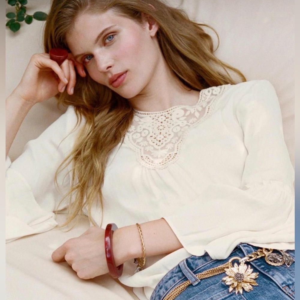 ZARA Cream Lace Boho Blouse Flowy Romantic Top Size S NWT